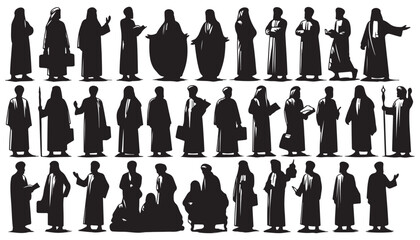 Collection of Muslim Arab man silhouette vector illustration black and white art design