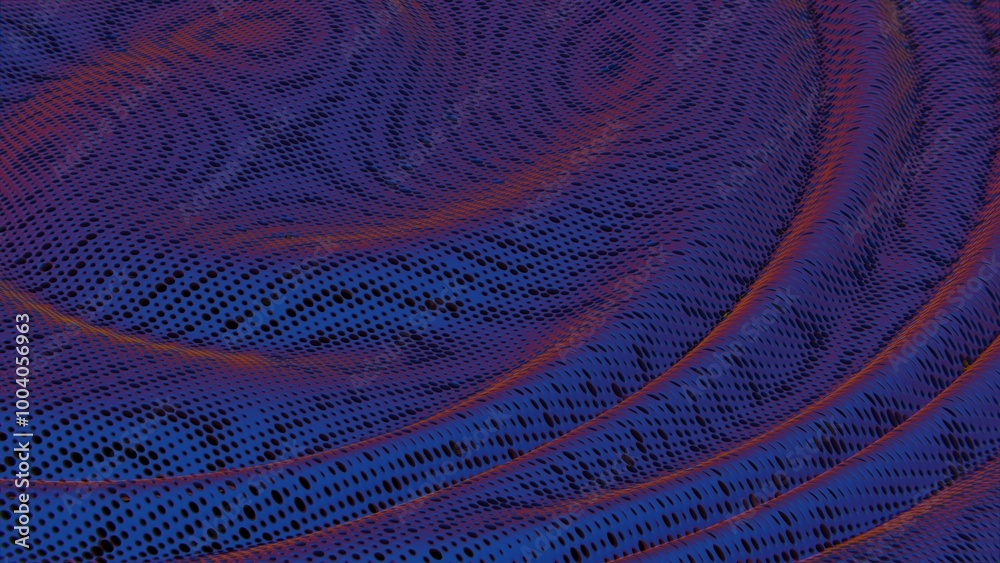 Poster Abstract perforated surface with flowing purple and yellow waves..