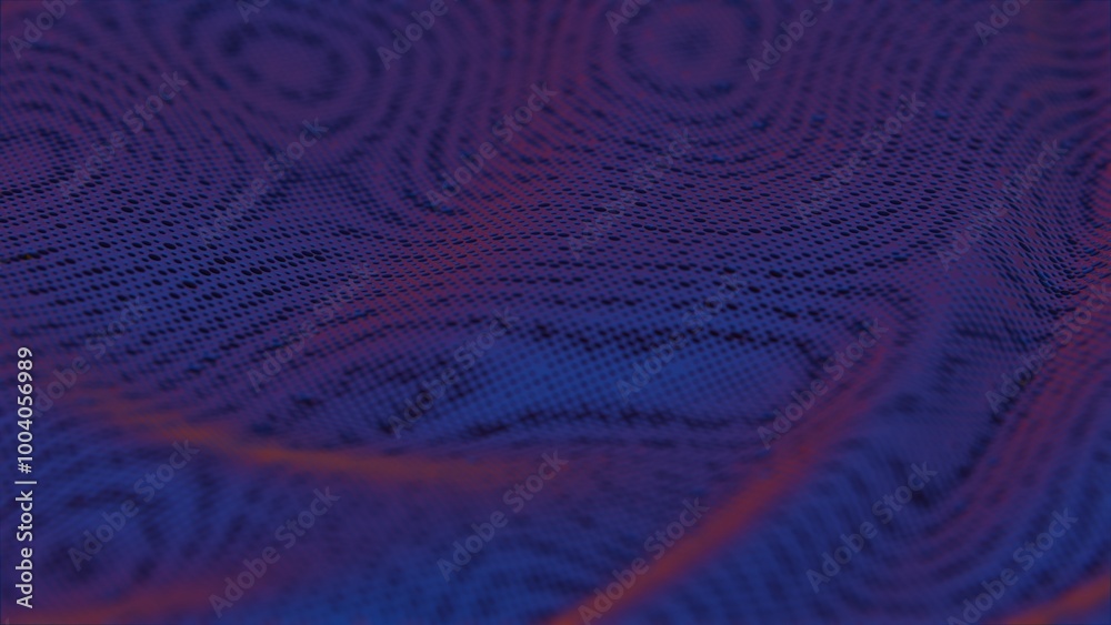 Poster Abstract perforated surface with flowing purple and yellow waves..