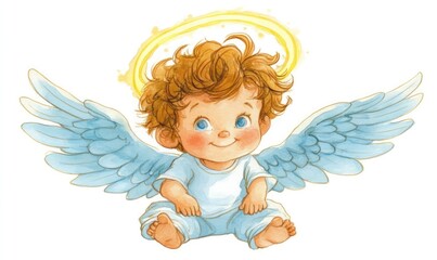Fototapeta premium Sweet Angel with Glowing Wings and Halo in Watercolor