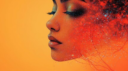 a womans face is intricately illustrated with lines and dots creating a striking visual that explores identity and emotional depth through abstract representation