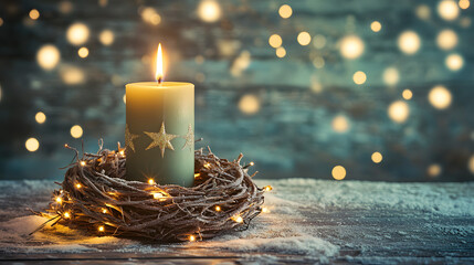First Advent Sunday - Christmas candle with magic lights - Natural advent decoration - Wreath made of twigs - Rustic simple background