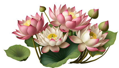 realistic bunch lotus flowers isolated on white background. Generative AI.