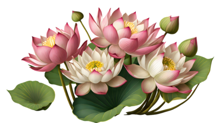 realistic bunch lotus flowers isolated on white background. Generative AI.