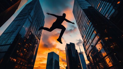Parkour Athlete Performing Daring Leap Between City Skyscrapers at Sunset