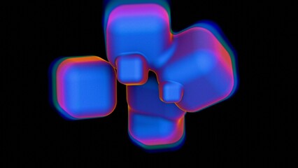Vibrant 3D cubes with blue and purple neon glow on a black background..