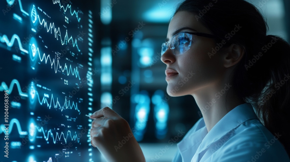 Poster A young scientist wearing glasses focuses intently on analyzing complex data on a vibrant digital display