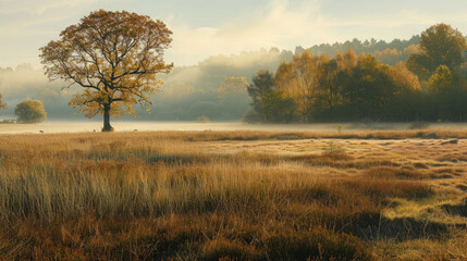 Fototapeta premium autumn field, soft golden light, nature, fall, trees, countryside, landscape, seasonal background, wallpaper, season, harvest, yellow grass, foliage, leaves, sky, sunset