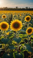 Obraz premium Field of vibrant yellow sunflowers with green leaves, under bright sunny sky