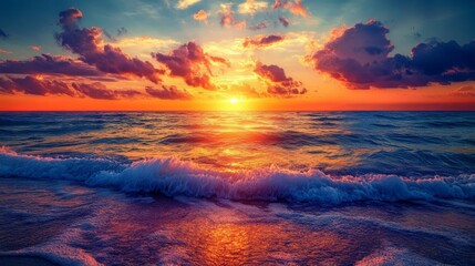 A stunning sunset paints the sky over the ocean.  Colorful clouds drift across the horizon as the sun dips below the waves, creating a beautiful and awe-inspiring sight.