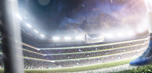 Professional soccer stadium. Soccer stadium field view. Professional sports background for advertisement with lights, fans and flags. Big sport arena. Sport background