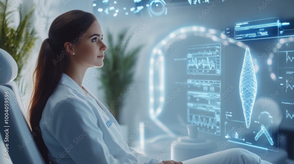 Poster a healthcare professional is intently studying holographic medical data within a modern clinic. the 