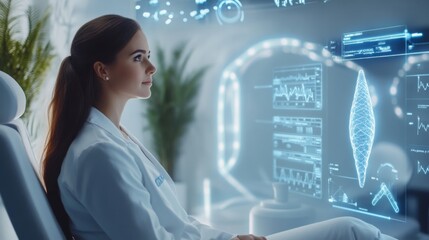 A healthcare professional is intently studying holographic medical data within a modern clinic. The advanced technology displays various health metrics, creating an innovative atmosphere.
