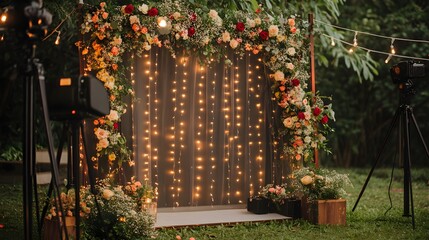 A wedding arch decorated with flowers and lights, designed to double as a fun photo booth backdrop, with props and a camera setup nearby to encourage guest interaction and capture memories 