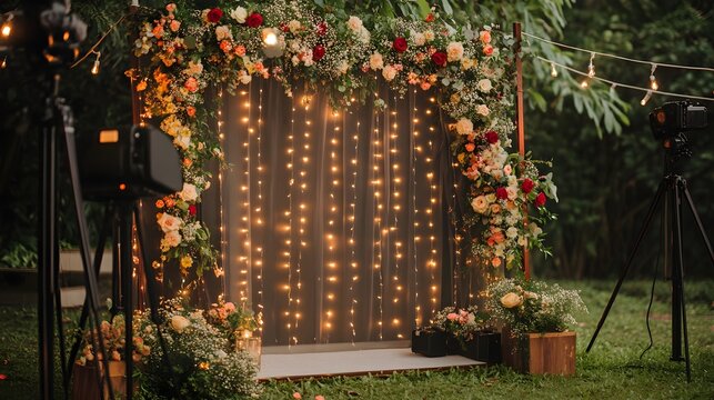 A wedding arch decorated with flowers and lights, designed to double as a fun photo booth backdrop, with props and a camera setup nearby to encourage guest interaction and capture memories 