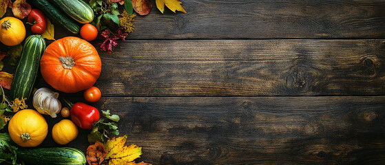 Autumn vegetables on a dark wooden background, featuring healthy food and harvest themes