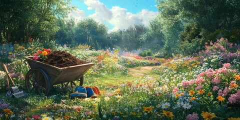 A wheelbarrow full of soil sits in a field of wildflowers, with gardening boots and tools nearby.