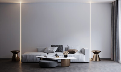 Home and decor and white living room interior design and empty wall background. 3d rendering
