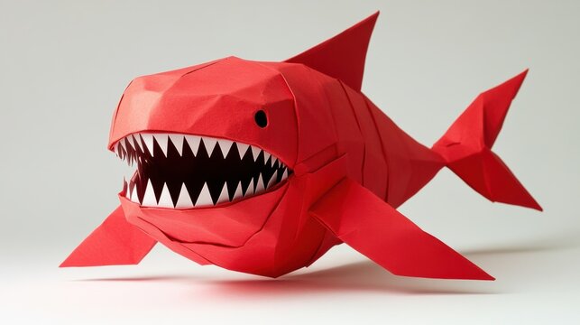 A red origami shark with large teeth and a mouth open, AI