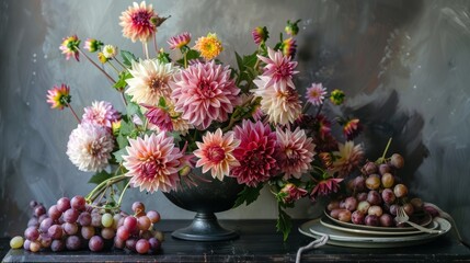 Fototapeta premium Bouquet of beautiful Dahlia flowers in vase and plate with grapes on black table near grey wall, 