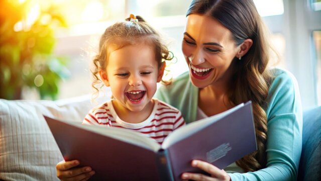 Preschool age girl laugh happily while sitting with her mom reading a story book at sofa