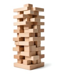 A tall wooden tower made of stacked wooden blocks