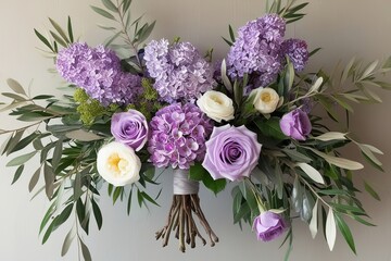 Obraz premium Elegant Watercolor Floral Arrangement with Lilac Blossoms, Olive Branches, and Lavender Roses for Event Invitations and Decor