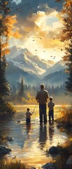 Fototapeta premium a person and two childs fishing