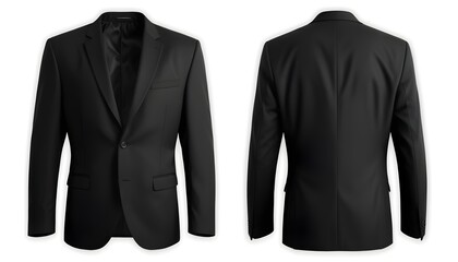 A black suit jacket with a lapel collar and two buttons on the front