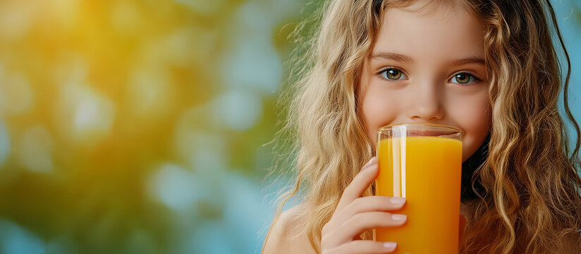 Young girl enjoying orange juice with a blank space for text or graphics in the background of the image. Creative banner. Copyspace image