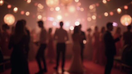 Naklejka premium Blurred image with bright lights and silhouettes of people at a party. The image conveys the atmosphere of nightlife
