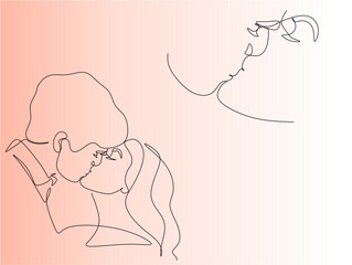 Couple kissing. Trendy line drawing. Couple illustration in one line. Minimalistic vector illustration. Continuous abstract one line drawing, hand drawn