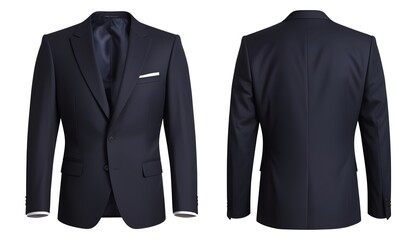 A navy blue suit jacket with a peak lapel and single-breasted closure