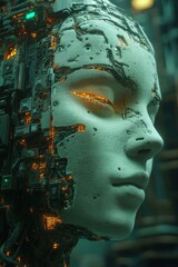 Exploring the Intersection of Humanity and Technology through a Futuristic Cybernetic Sculpture