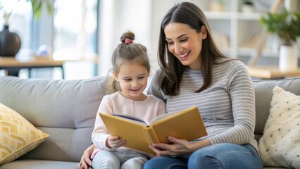Obraz premium Preschool age girl laugh happily while sitting with her mom reading a story book at sofa