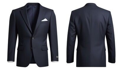 A navy blue suit jacket with a peak lapel and single-breasted closure