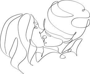 Couple kissing. Trendy line drawing. Couple illustration in one line. Minimalistic vector illustration. Continuous abstract one line drawing, hand drawn