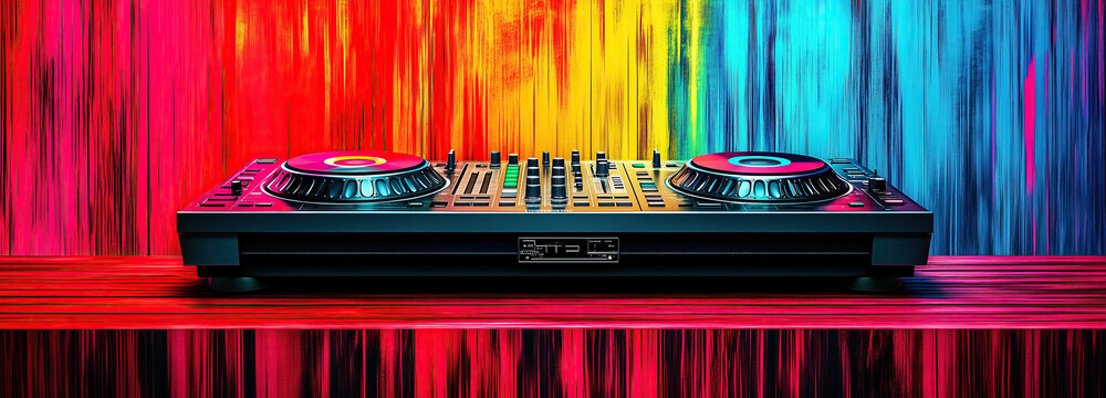 A vibrant DJ setup with colorful lights enhancing the lively atmosphere of an evening music event
