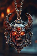 Obraz premium Intricate Gothic Skull Pendant with Fiery Eyes - A Unique Dark Art Jewelry Piece