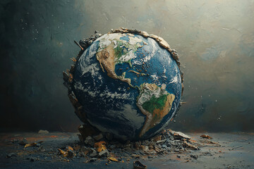 Fototapeta premium Cracked Earth sculpture depicting environmental damage and climate change impact.