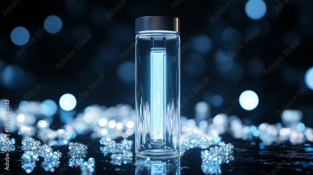 Poster A glass container emits a luminous glow from inside while surrounded by delicate, sparkling bubbles. The setting has a dark, enchanting backdrop that highlights the unique design and light.