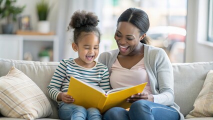 Fototapeta premium Preschool age girl laugh happily while sitting with her mom reading a story book at sofa