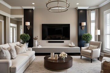 Stylish TV Mounted on Accent Wall in Elegant Neutral Living Room Decor
