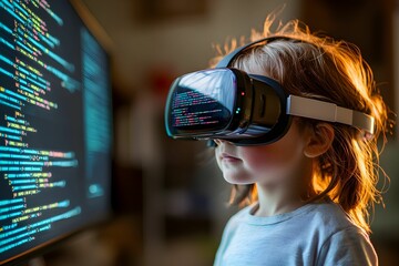 Young child explores coding concepts through virtual reality headset