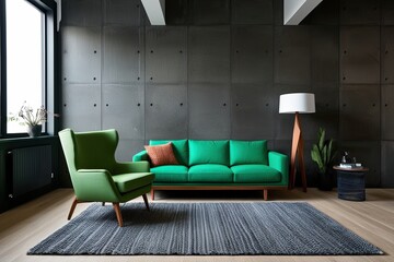 Modern Living Room with Green Armchair Against Dark Concrete Wall Background