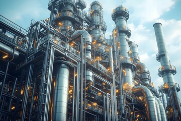 Fototapeta premium Complex with pipes and machinery under a blue sky