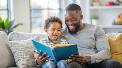 Obraz premium Preschool age boy laugh happily while sitting with his dad reading a story book at sofa, 