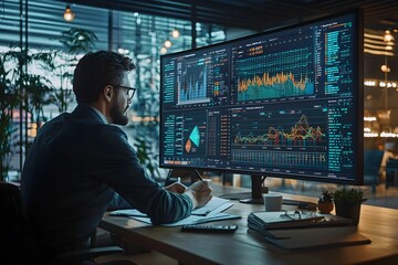 Fototapeta premium Businessman analyzing financial data on multiple screens at night