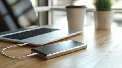 Portable power bank is connected to laptop on wooden desk in bright, modern workspace