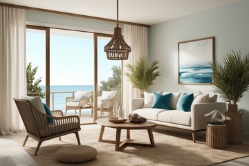Fototapeta premium Chic Mockup of a Serene Coastal Living Space with Natural Accents 3D Illustration